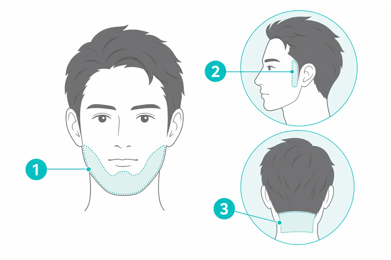男性の顔まわりでケアしやすい部位を示した図