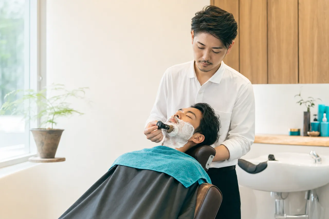 理容室で男性客のヒゲ・フェイスケアを行う理容師