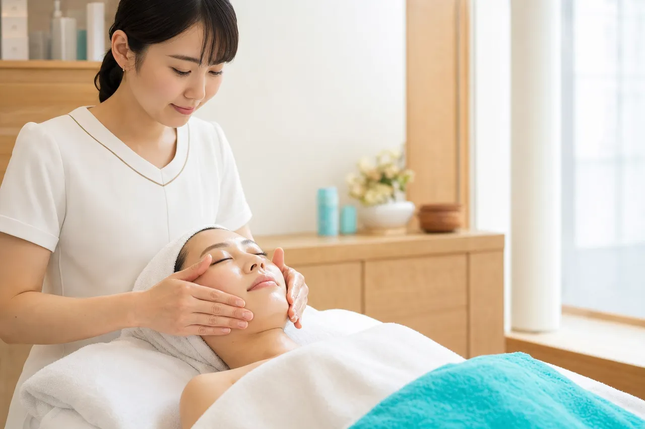 サロンでフェイシャル施術を受ける女性