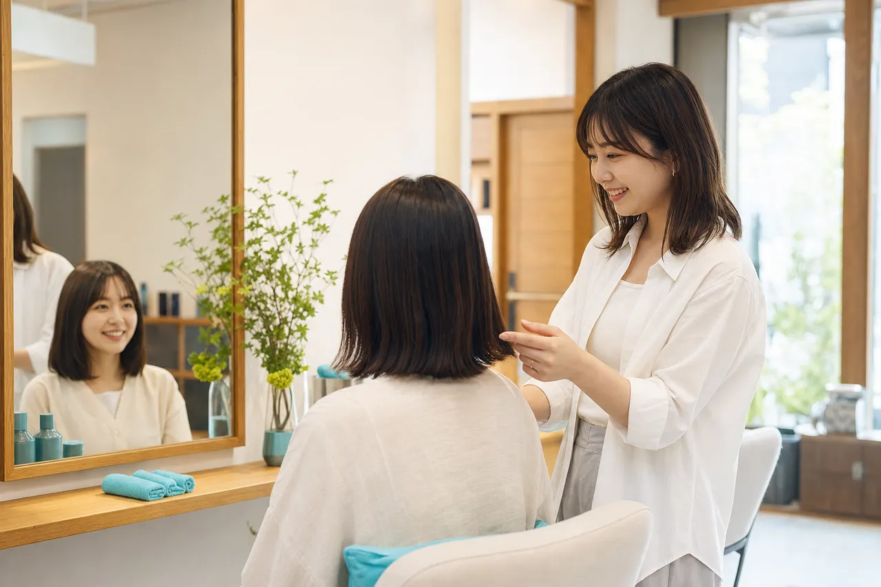 鏡の前で自然に会話する美容師とお客様