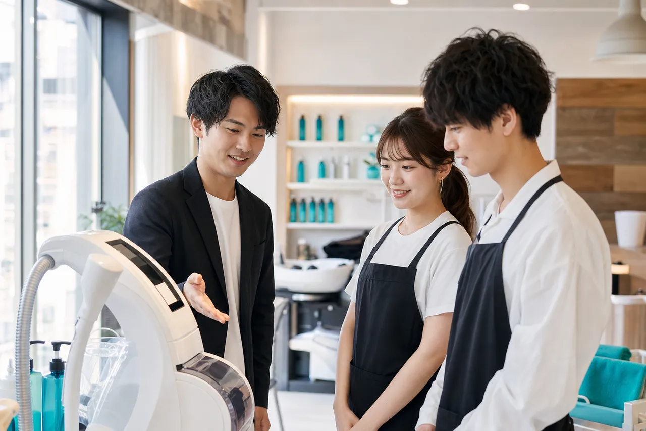 新しい機器の導入講習を受けるサロンスタッフ