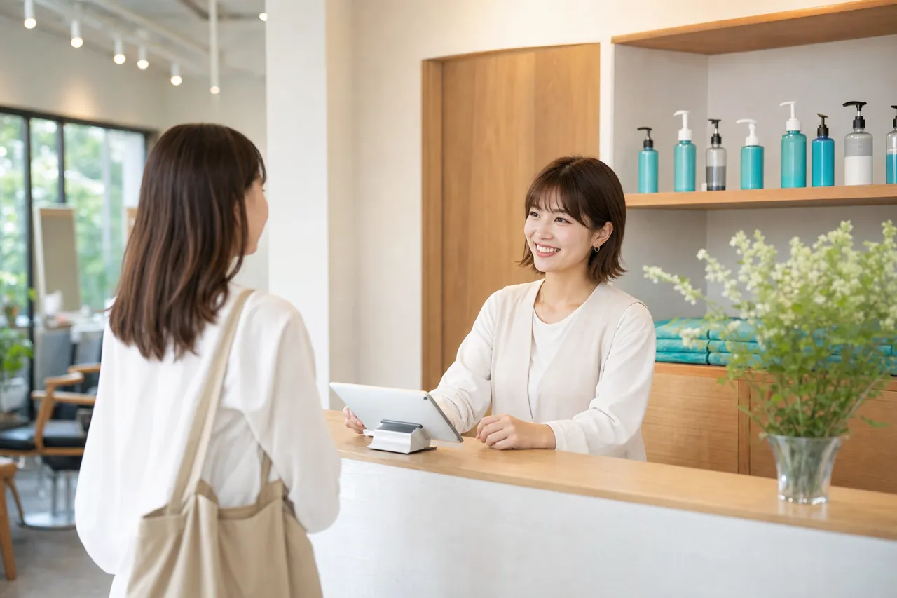 メニュー表のある明るい美容室の受付
