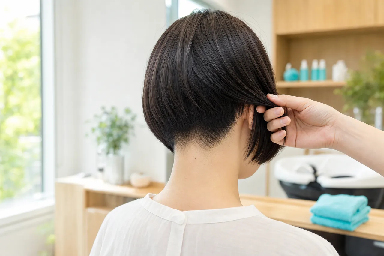 ハンドミラーでうなじを見せて提案する美容師