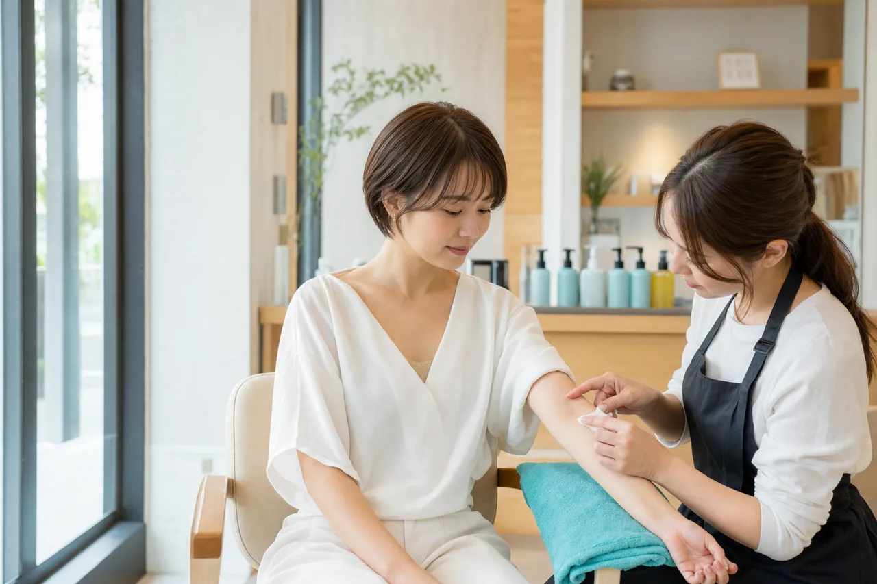 施術前にパッチテストとカウンセリングを行う美容師