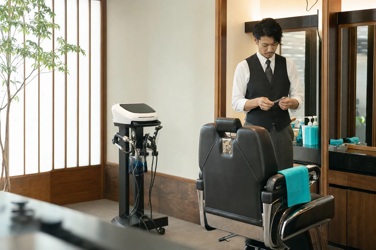 業務用機器を備えた理容室で施術を準備する理容師
