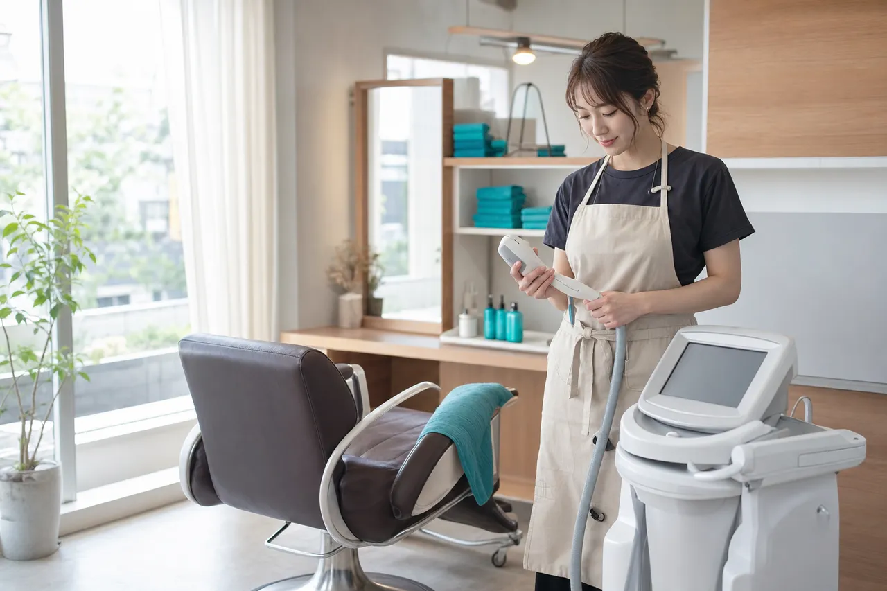 業務用脱毛機を備えた明るい美容室と施術を準備する美容師