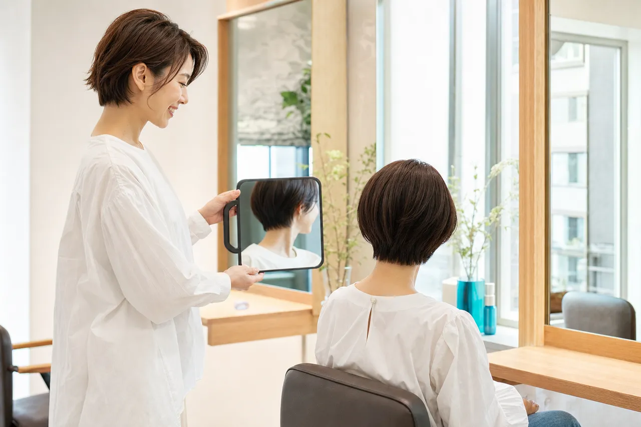 鏡で後ろ姿を確認する美容室のお客様と美容師