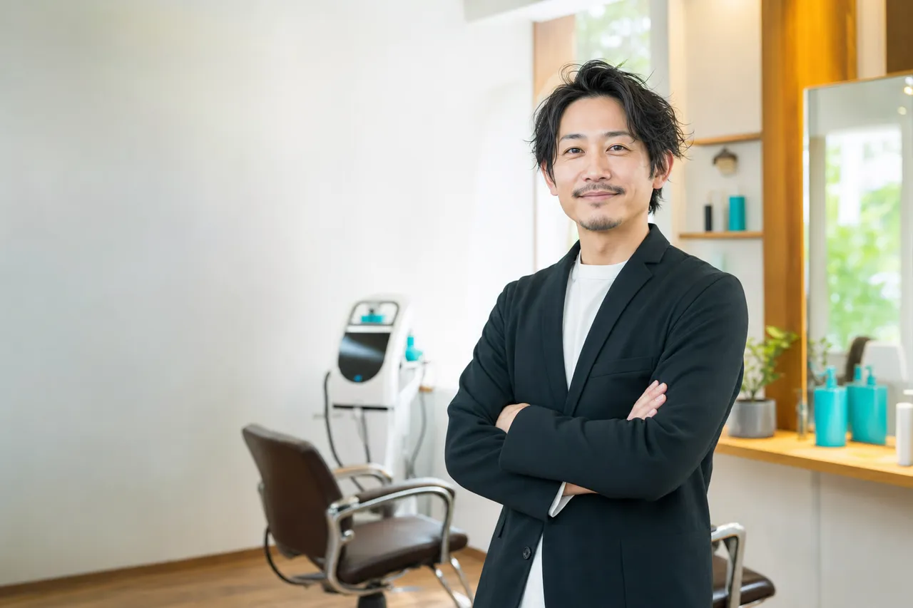 明るいサロンで落ち着いた表情のオーナー